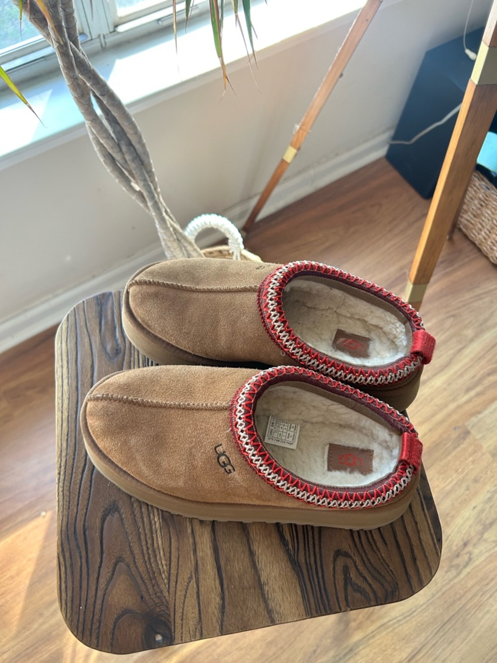 UGG Chestnut Suede Mules with Red Trim - Picture 6 of 6
